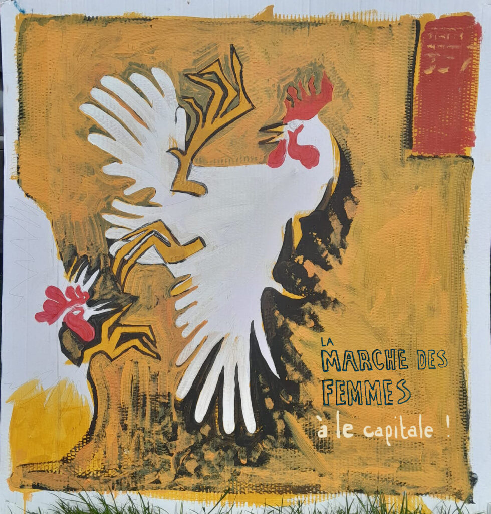 Cockfight La Marche des Femmes. Acrylic on cardboard, 1m x1m
